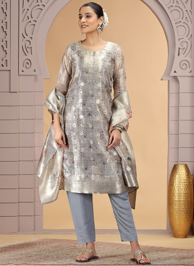 Organza Jacquard Grey Party Wear Pattern Pc Work Readymade Salwar Suit 386178