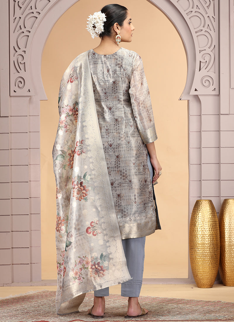 Organza Jacquard Grey Party Wear Pattern Pc Work Readymade Salwar Suit 386178