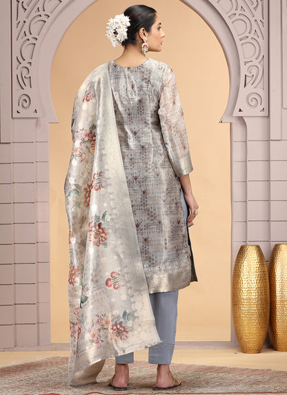 Organza Jacquard Grey Party Wear Pattern Pc Work Readymade Salwar Suit 386178