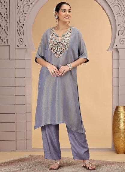 Organza Shimmer Grey Party Wear Pattern Pc Work Readymade Kurti With Pant 386174