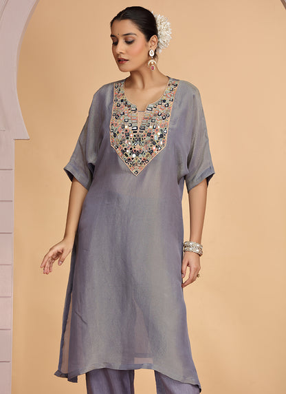 Organza Shimmer Grey Party Wear Pattern Pc Work Readymade Kurti With Pant 386174