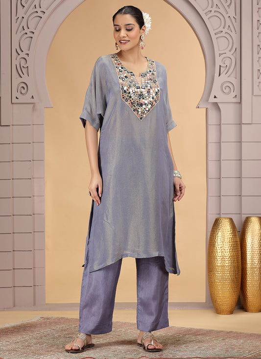 Organza Shimmer Grey Party Wear Pattern Pc Work Readymade Kurti With Pant 386174