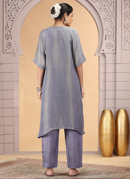 Organza Shimmer Grey Party Wear Pattern Pc Work Readymade Kurti With Pant 386174