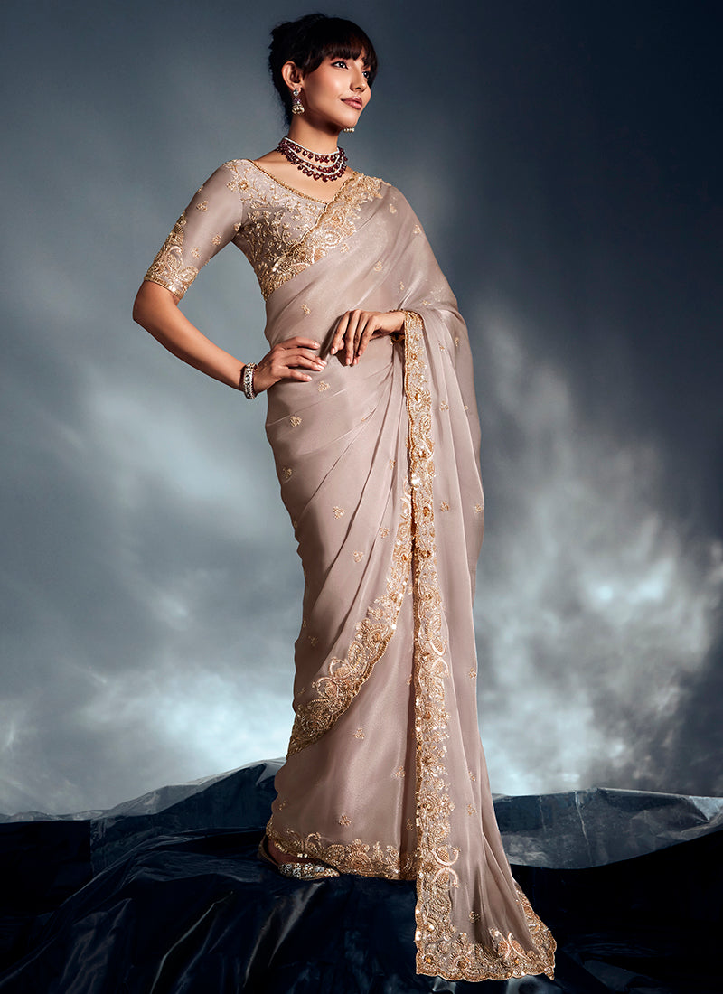 Organza Grey Saree with Sequin Work for Wedding Wear 383025