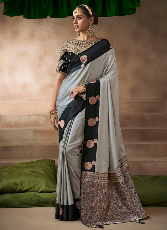 Satin Silk Grey Saree with Zari Work for Wedding Wear 383512