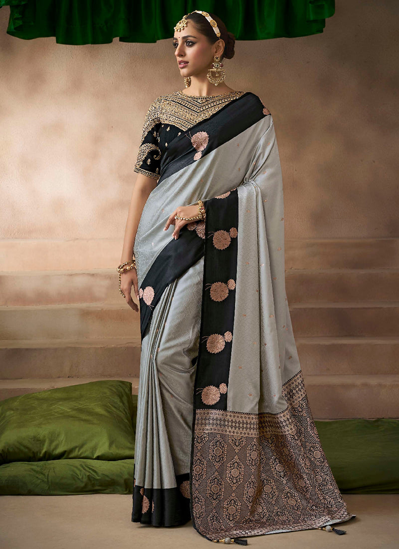 Satin Silk Grey Saree with Zari Work for Occasional Wear 383512