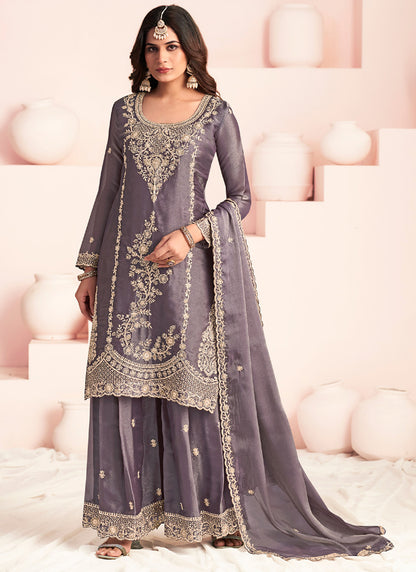 Grey Silk Embroidery Work Occasional Wear Readymade Plazzo Suit SW526970