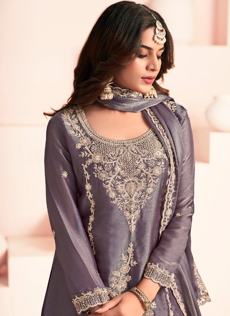 Grey Silk Embroidery Work Occasional Wear Readymade Plazzo Suit SW526970