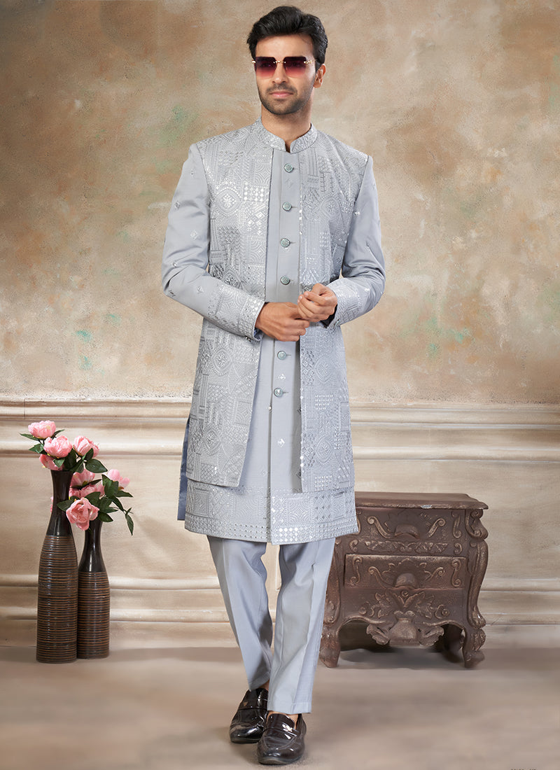 Silk Grey Party Wear Embroidery Work Readymade Indo Western Suit 386319