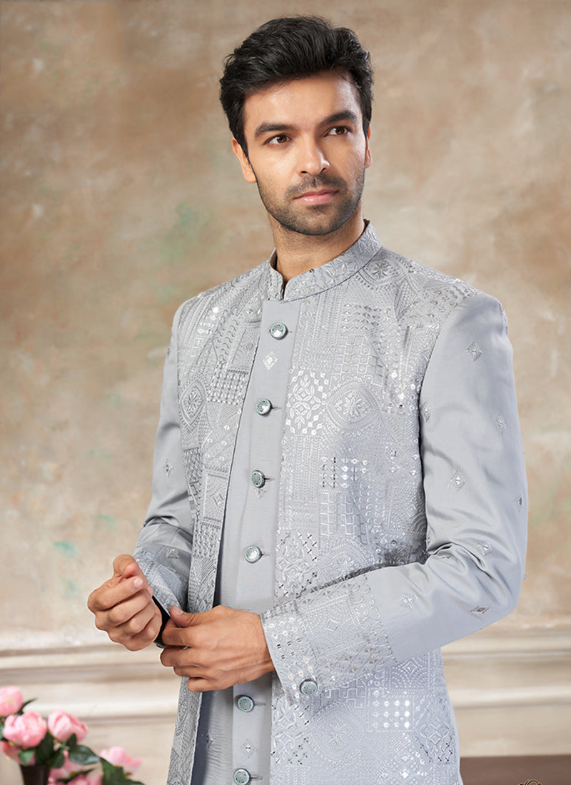 Silk Grey Party Wear Embroidery Work Readymade Indo Western Suit 386319