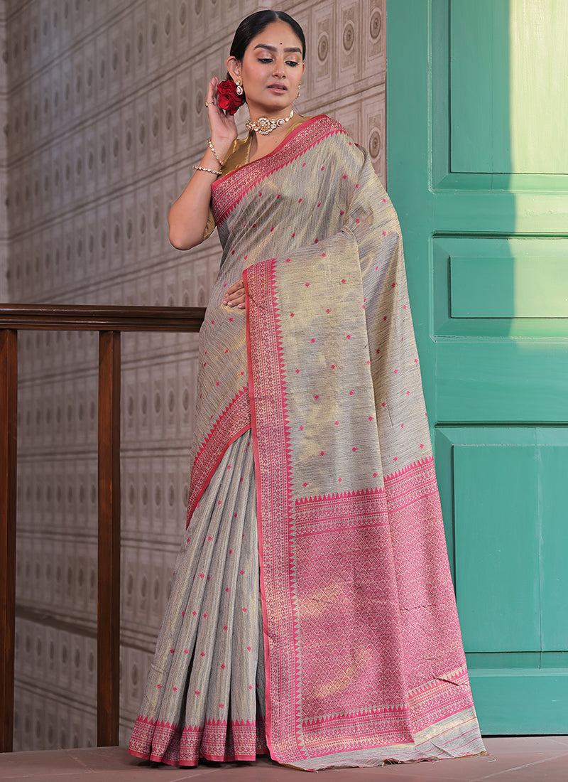 Tissue Silk Grey Saree with Weaving Work for Casual Wear 382876