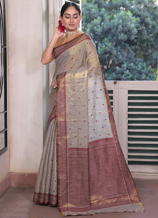 Tissue Silk Grey Saree with Weaving Work for Casual Wear 382878