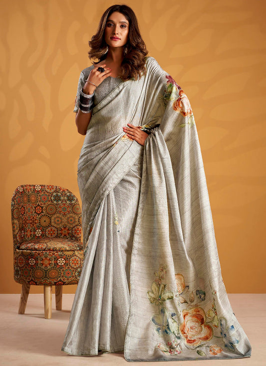 Grey Tussar Silk Printed Work Occasional Wear Saree SW217606