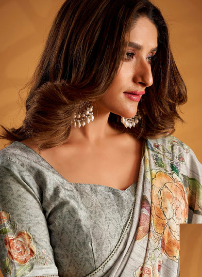 Grey Tussar Silk Printed Work Occasional Wear Saree SW217606