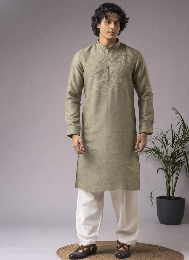 Grey Viscose Embroidery Work Festival Wear Readymade Kurta Pajama SW282042