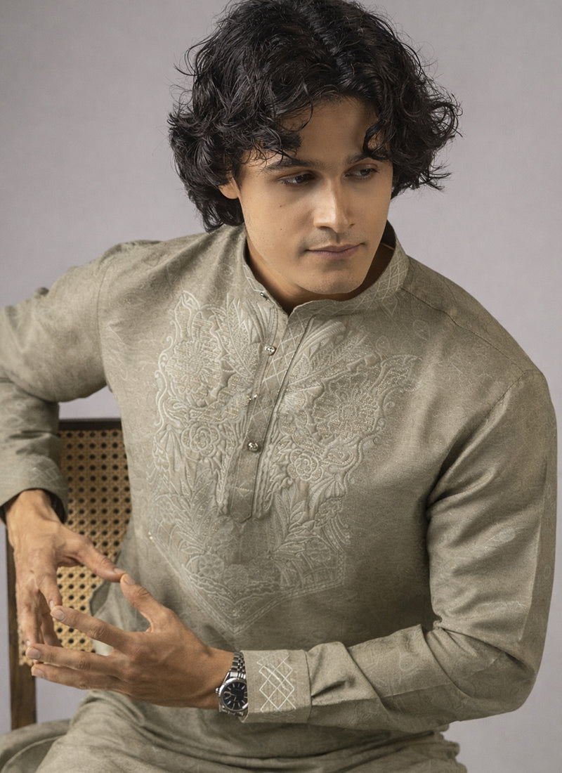 Grey Viscose Embroidery Work Festival Wear Readymade Kurta Pajama SW282042