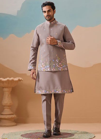 Viscose Silk Grey Festival Wear Embroidery Work Readymade Modi Jacket Kurta Pajama 385580