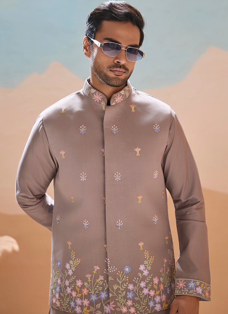 Viscose Silk Grey Festival Wear Embroidery Work Readymade Modi Jacket Kurta Pajama 385580