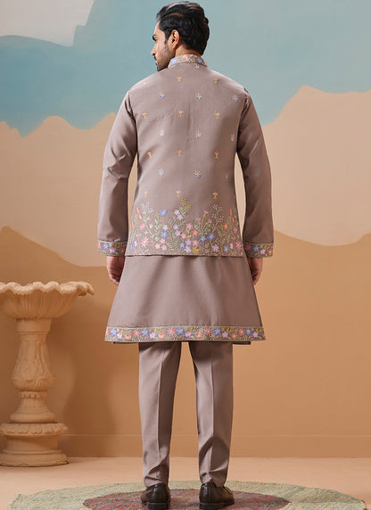 Viscose Silk Grey Festival Wear Embroidery Work Readymade Modi Jacket Kurta Pajama 385580