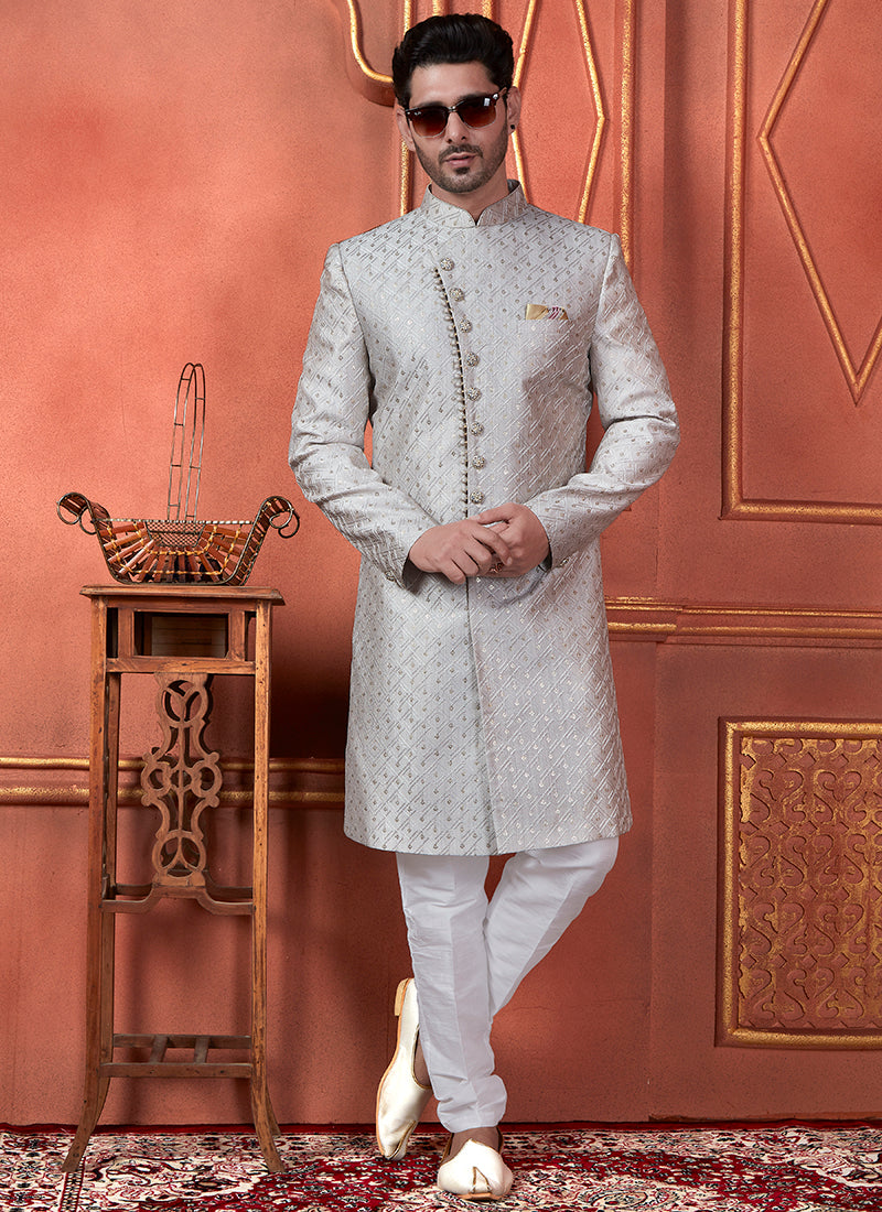 Silk Grey Wedding Wear Computer Thread Readymade Sherwani Set 348364
