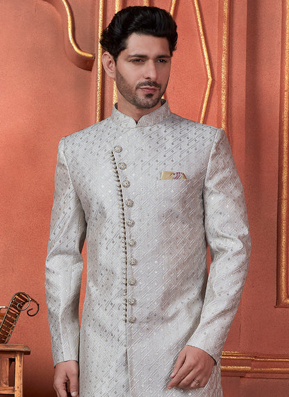 Silk Grey Wedding Wear Computer Thread Readymade Sherwani Set 348364