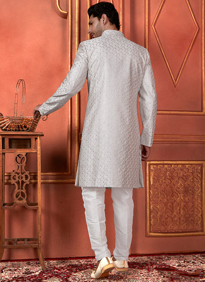 Silk Grey Wedding Wear Computer Thread Readymade Sherwani Set 348364