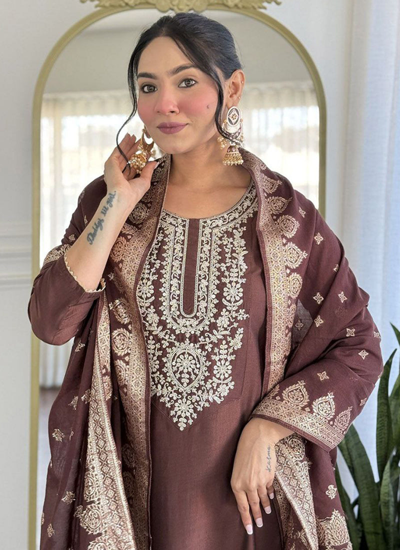 Viscose Brown Occasional Wear Embroidery Work Readymade Anarkali Suit 387191