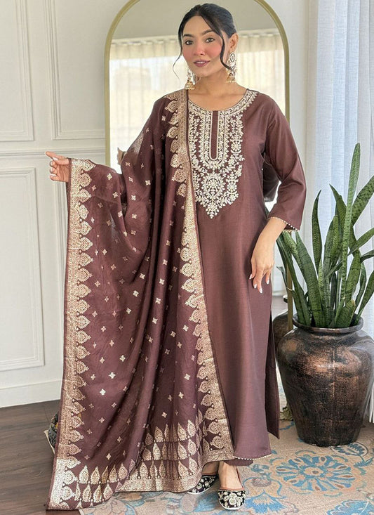Viscose Brown Occasional Wear Embroidery Work Readymade Anarkali Suit 387191
