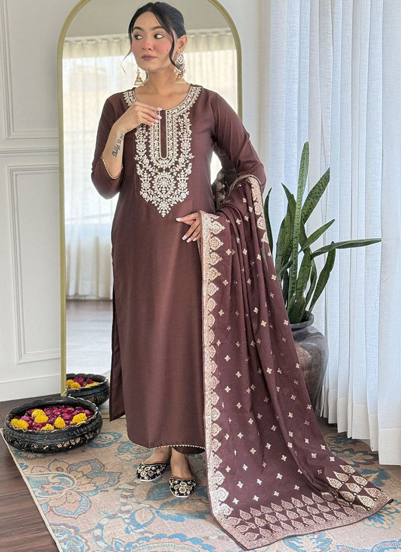 Viscose Brown Occasional Wear Embroidery Work Readymade Anarkali Suit 387191