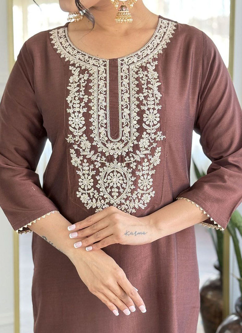 Viscose Brown Occasional Wear Embroidery Work Readymade Anarkali Suit 387191
