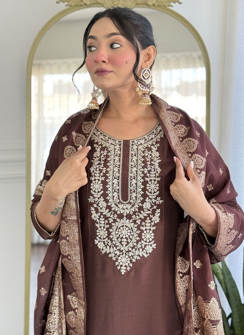 Viscose Brown Occasional Wear Embroidery Work Readymade Anarkali Suit 387191