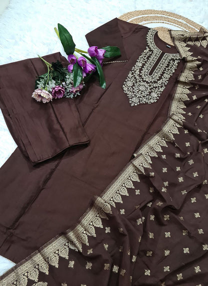 Viscose Brown Occasional Wear Embroidery Work Readymade Anarkali Suit 387191