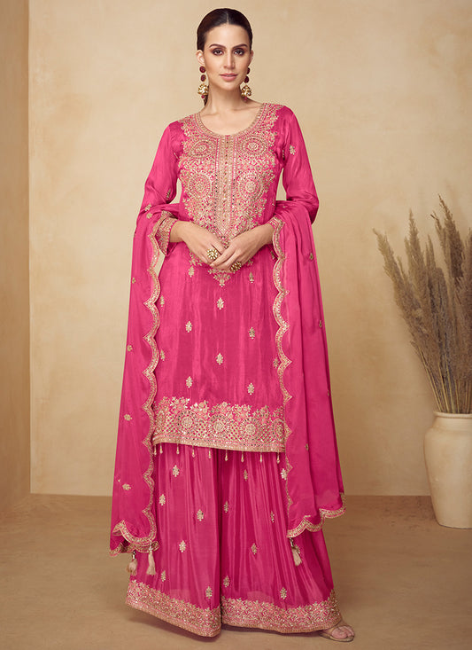 Chinnon Hot Pink Wedding Wear Hand Work Readymade Palazzo Suit 384963