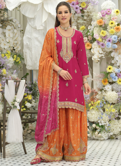 Hot Pink Chinon Embroidery Work Eid Wear Readymade Plazzo Suit SW171652