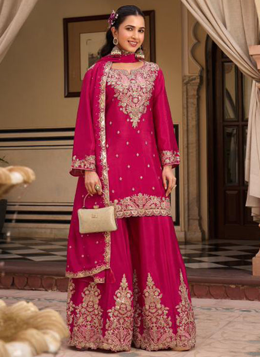 Hot Pink Chinon Embroidery Work Occasional Wear Readymade Plazzo Suit SW835520