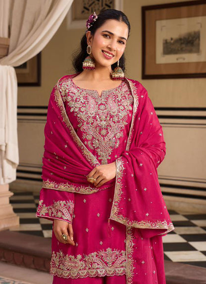 Hot Pink Chinon Embroidery Work Occasional Wear Readymade Plazzo Suit SW835520