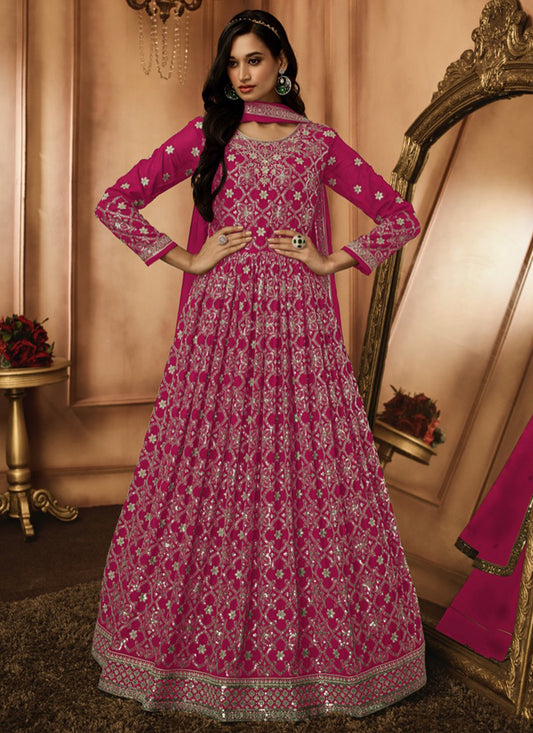 Hot Pink Georgette Embroidery Work Party Wear Readymade Anarkali Suit SW242978