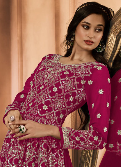 Hot Pink Georgette Embroidery Work Party Wear Readymade Anarkali Suit SW242978