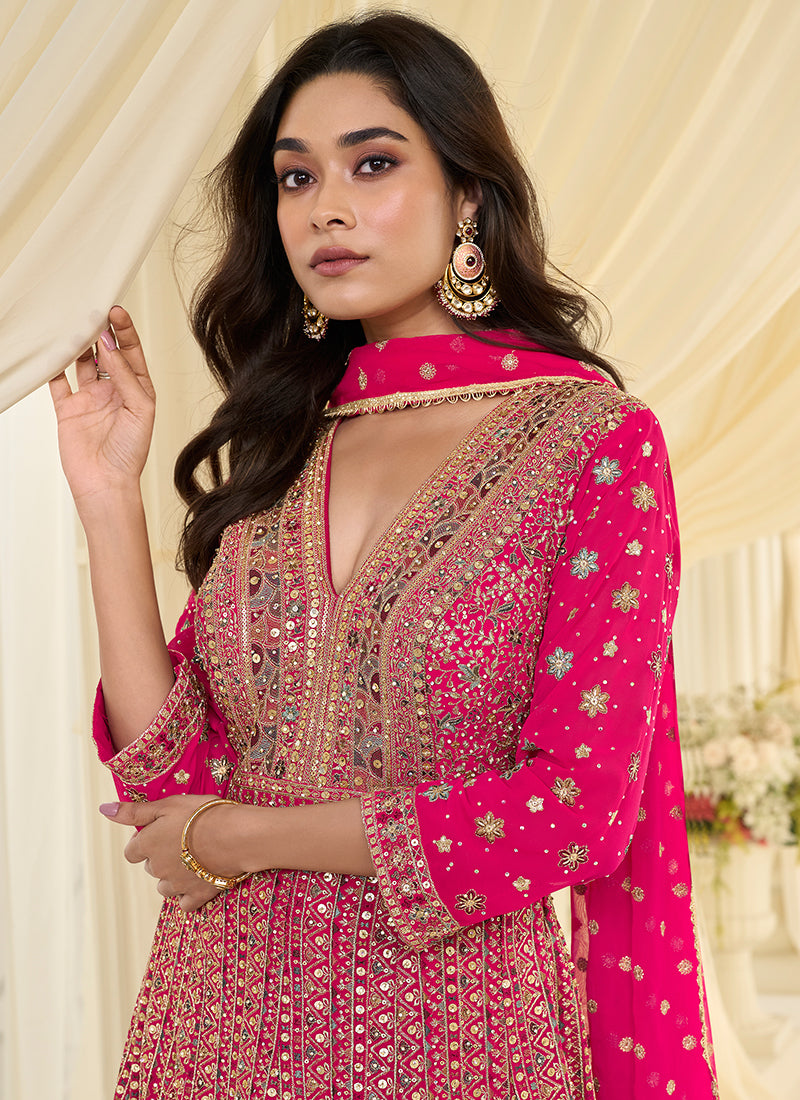 Hot Pink Georgette Embroidery Work Wedding Wear Readymade Anarkali Suit SW400726