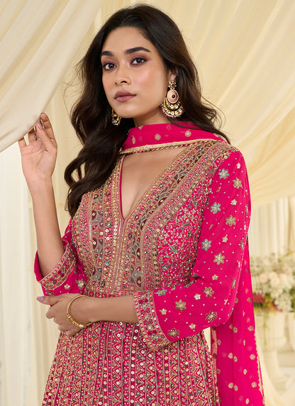 Hot Pink Georgette Embroidery Work Wedding Wear Readymade Anarkali Suit SW400726