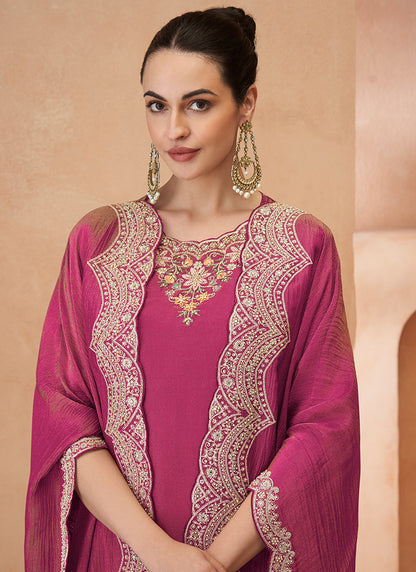 Shimmer Silk Hot Pink Readymade Plazzo Suit with Embroidery Work for Festival Wear 385516