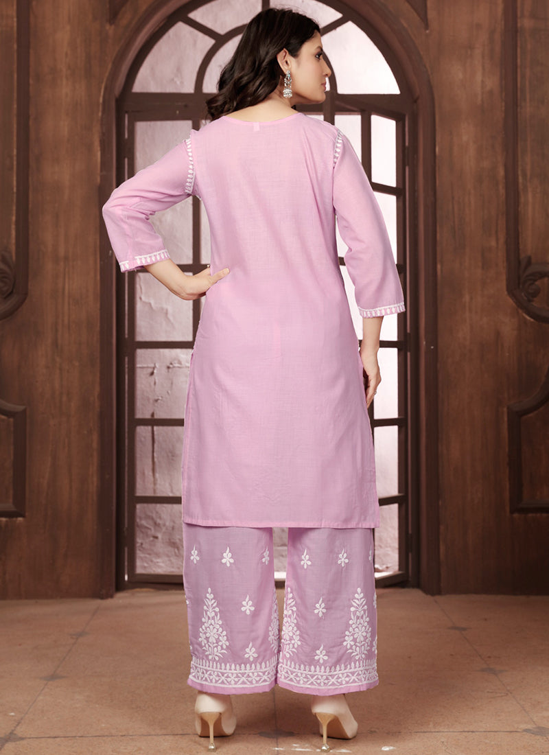 Cotton Light Pink Casual Wear Chikankari Embroidery Readymade Kurti With Plazzo 369848