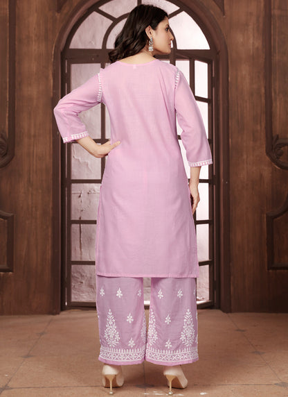 Cotton Light Pink Casual Wear Chikankari Embroidery Readymade Kurti With Plazzo 369848