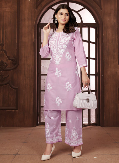 Cotton Light Pink Casual Wear Chikankari Embroidery Readymade Kurti With Plazzo 369848