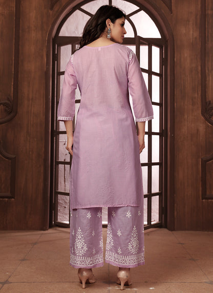 Cotton Light Purple Casual Wear Chikankari Embroidery Readymade Kurti With Plazzo 369850