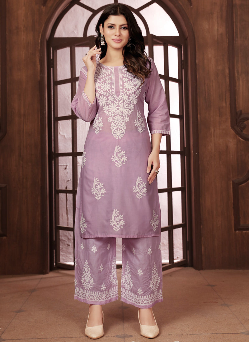 Cotton Light Purple Casual Wear Chikankari Embroidery Readymade Kurti With Plazzo 369850
