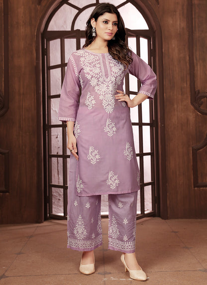 Cotton Light Purple Casual Wear Chikankari Embroidery Readymade Kurti With Plazzo 369850