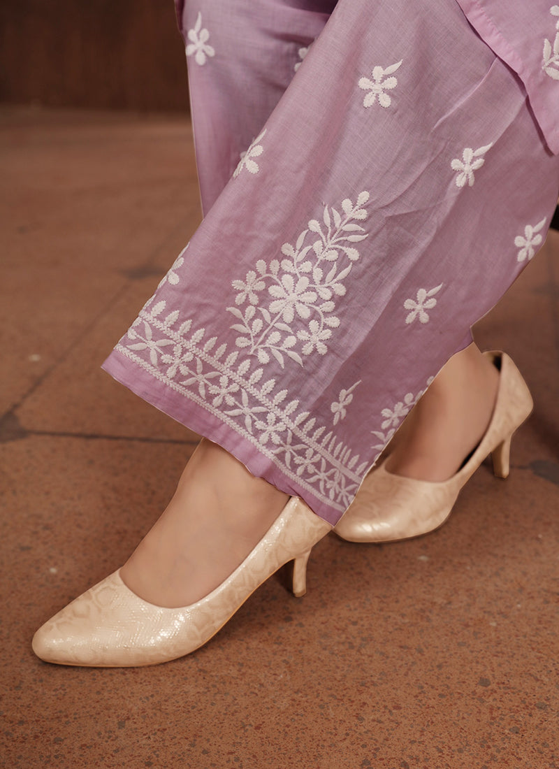 Cotton Light Purple Casual Wear Chikankari Embroidery Readymade Kurti With Plazzo 369850