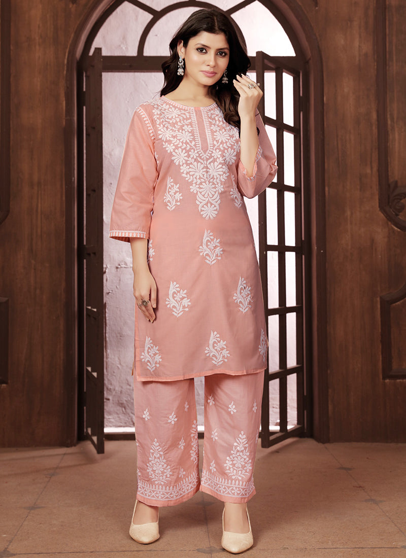Cotton Peach Casual Wear Chikankari Embroidery Readymade Kurti With Plazzo 369851