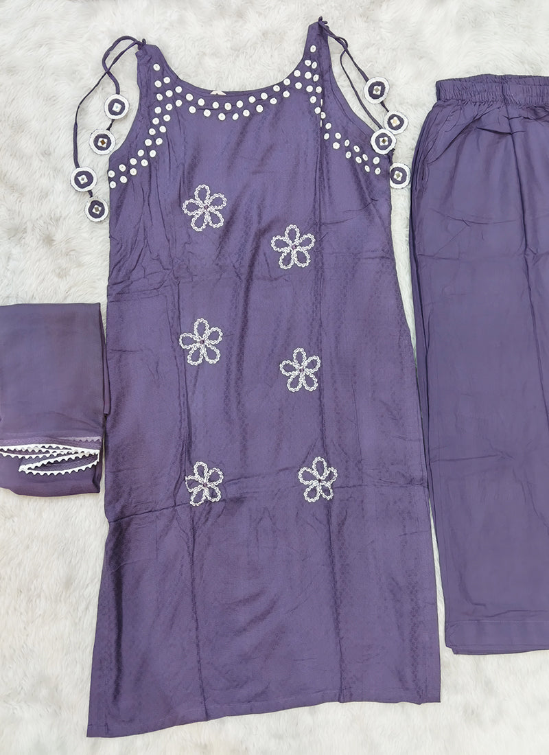 Lavender Mirror Details Sleeveless Kurta Set with Palazzo and Dupatta L-731090